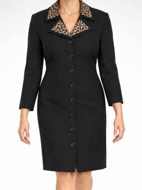 John Roberts Black Button Front 8 Vintage Leopard Print Mob Wife Suit Dress